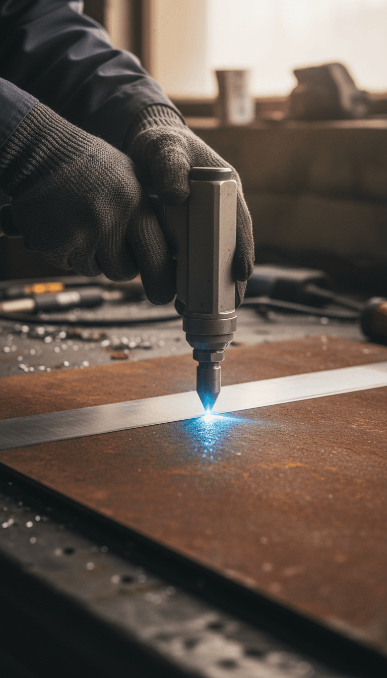 Handheld laser cleaning tool removing rust from a steel panel