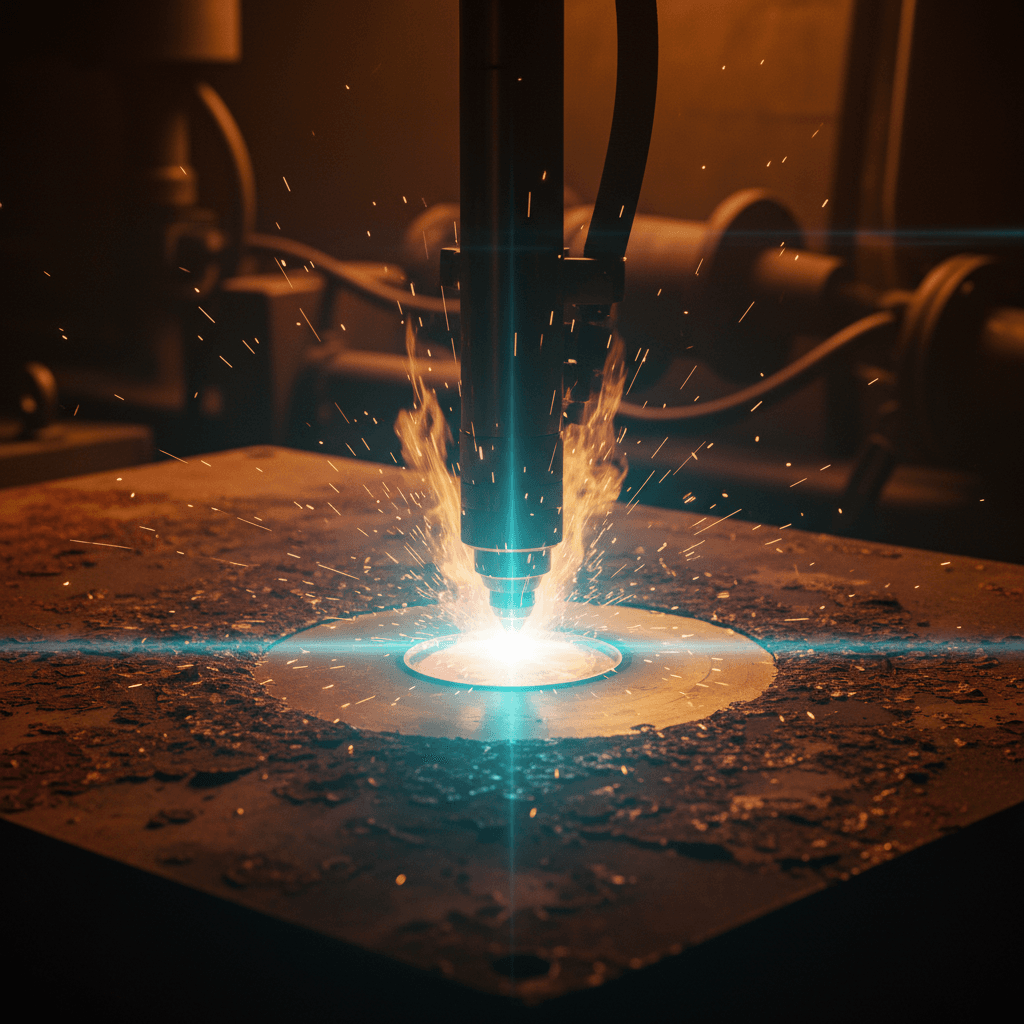 Close-up of laser beam removing rust from metal surface