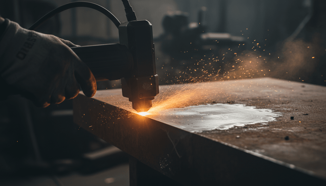 Technician using a pulsed laser to remove rust from a metal surface
