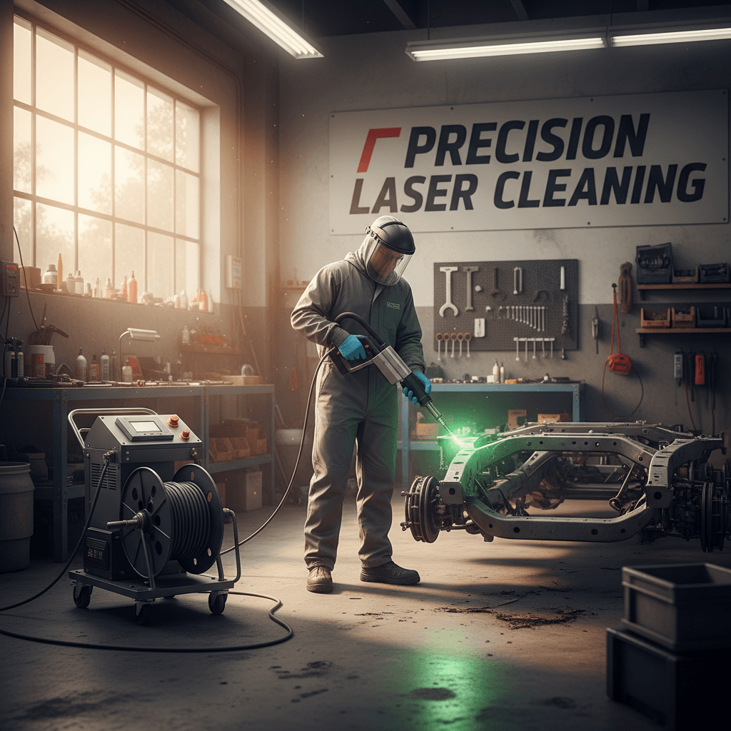 Technician laser cleaning a car chassis in workshop
