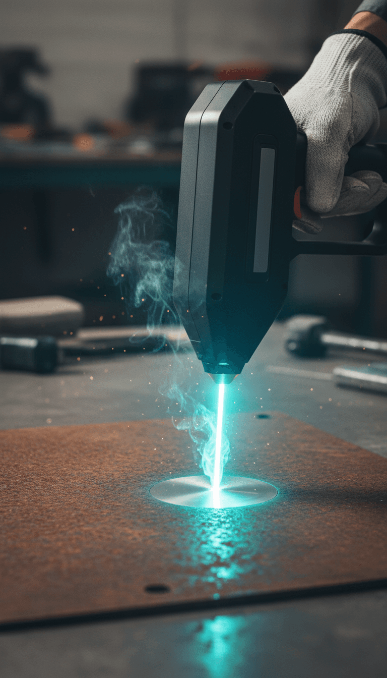Operator using a laser cleaning tool on a rusty metal surface