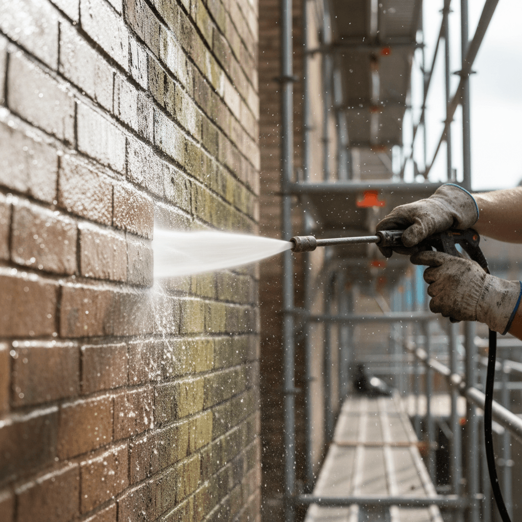 Laser removing green biological growth from a stone wall, showing a clean, bare stone surface