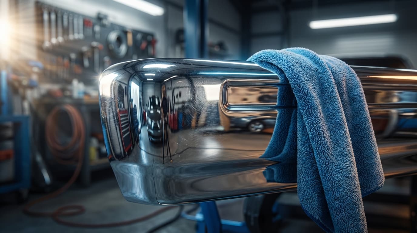 Gloved hand laser cleaning a curved classic car fender in a dark workshop