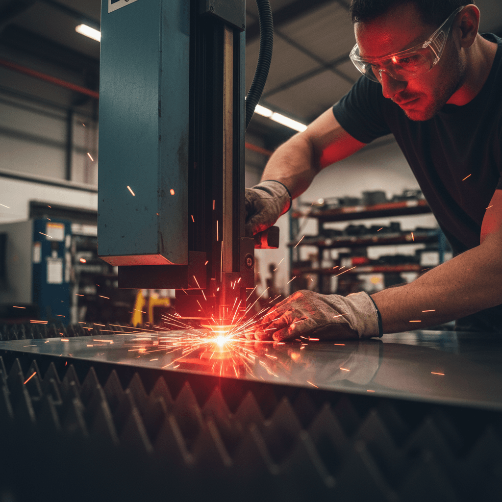 Technician using a handheld laser cleaner to strip rust from a steel beam