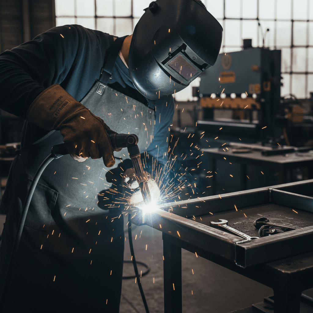 Laser head removing rust from a classic car chassis on a workshop lift