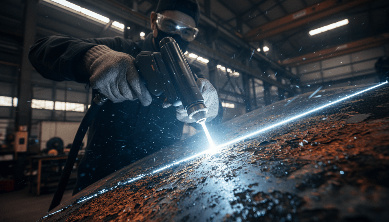 Factory floor scene of laser degreasing a greasy machine housing, sparks of ablated residue lifting off bright metal, industrial photography