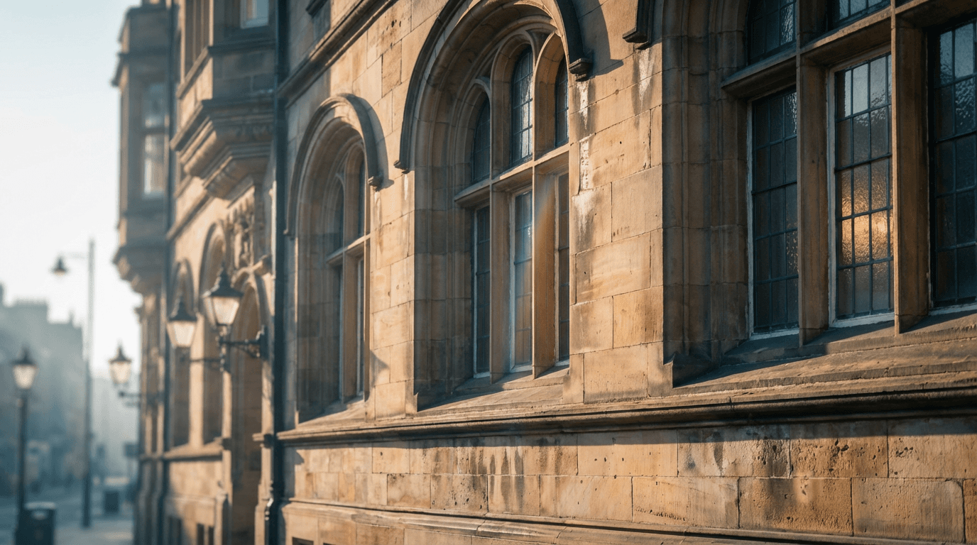 A historic stone building with a section of its facade cleaned by laser, contrasted with the uncleaned area