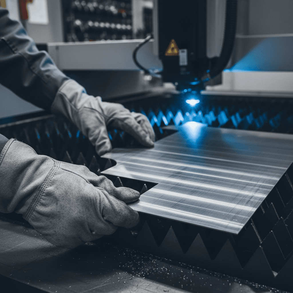 Technician performing laser cleaning on industrial machinery inside a factory