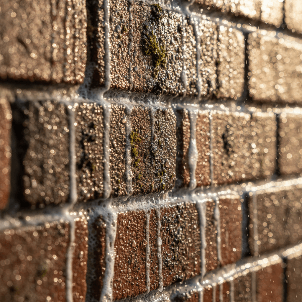 Close-up of a laser cleaning a dark, soot-covered heritage brick wall, revealing the original red brick surface