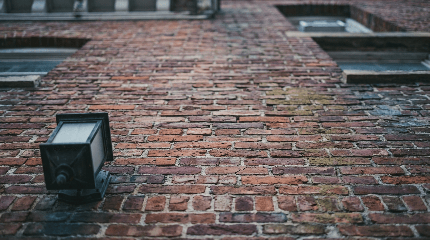 Brickwork near roofline divided between pollution crust and laser cleaned brick
