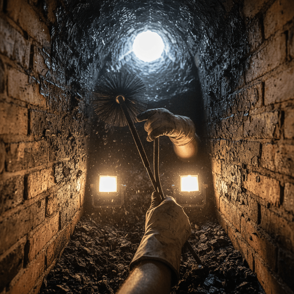 Technician aiming a handheld laser cleaner at soot-stained historic brick, cleaned honey-colored masonry revealed in a crisp stripe, documentary photo