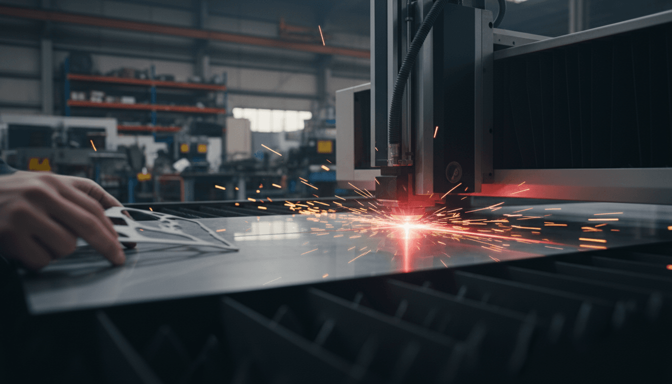 Laser beam vaporizing grease from a steel machine part in a dark workshop