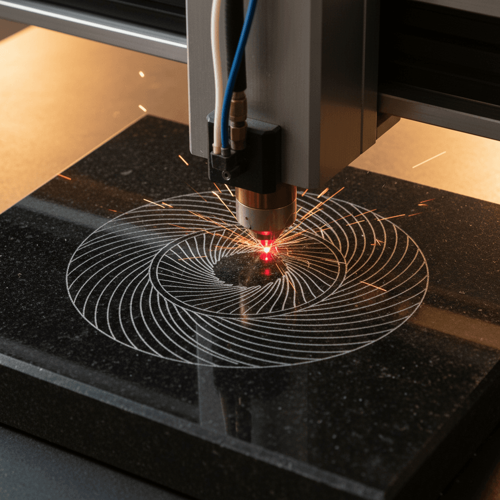 Close-up of a laser handpiece being guided over a carved stone detail with precision