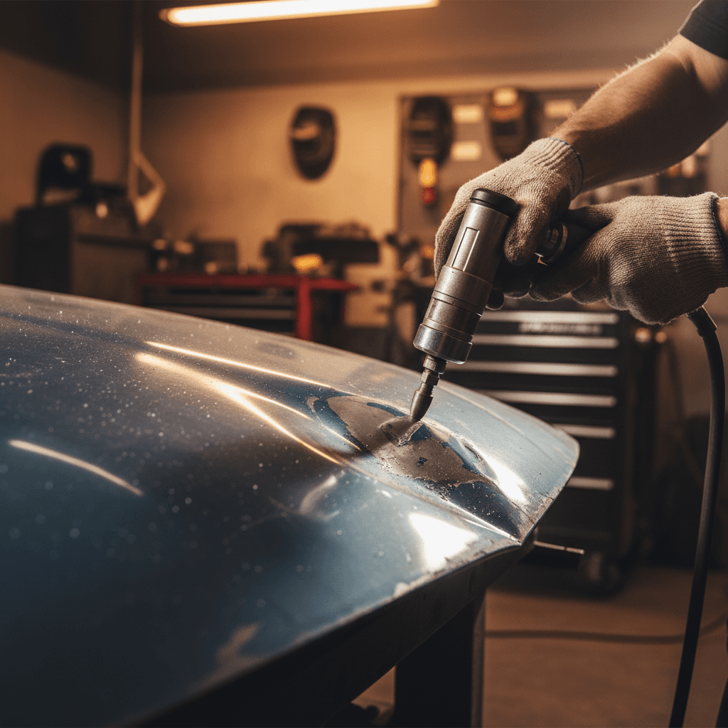 Laser cleaning a vintage car body panel in situ, half rust and half bare metal